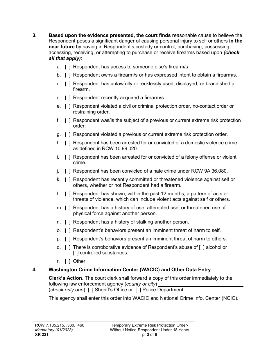 Form XR221 Temporary Extreme Risk Protection Order - Without Notice - Respondent Under 18 Years - Washington, Page 3