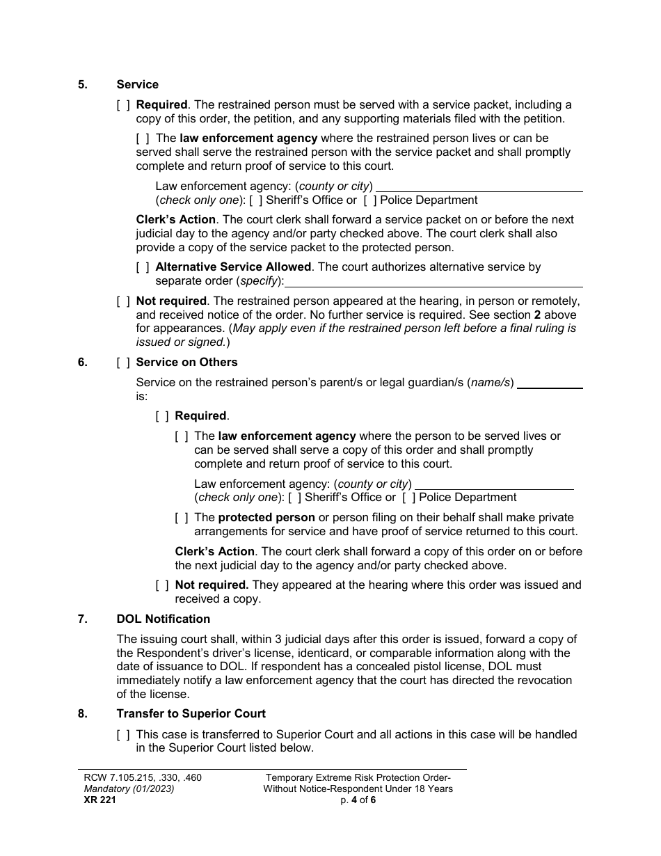 Form XR221 Temporary Extreme Risk Protection Order - Without Notice - Respondent Under 18 Years - Washington, Page 4