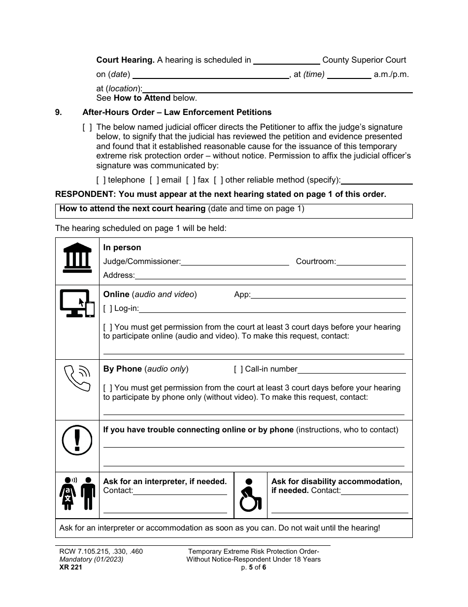 Form XR221 Temporary Extreme Risk Protection Order - Without Notice - Respondent Under 18 Years - Washington, Page 5