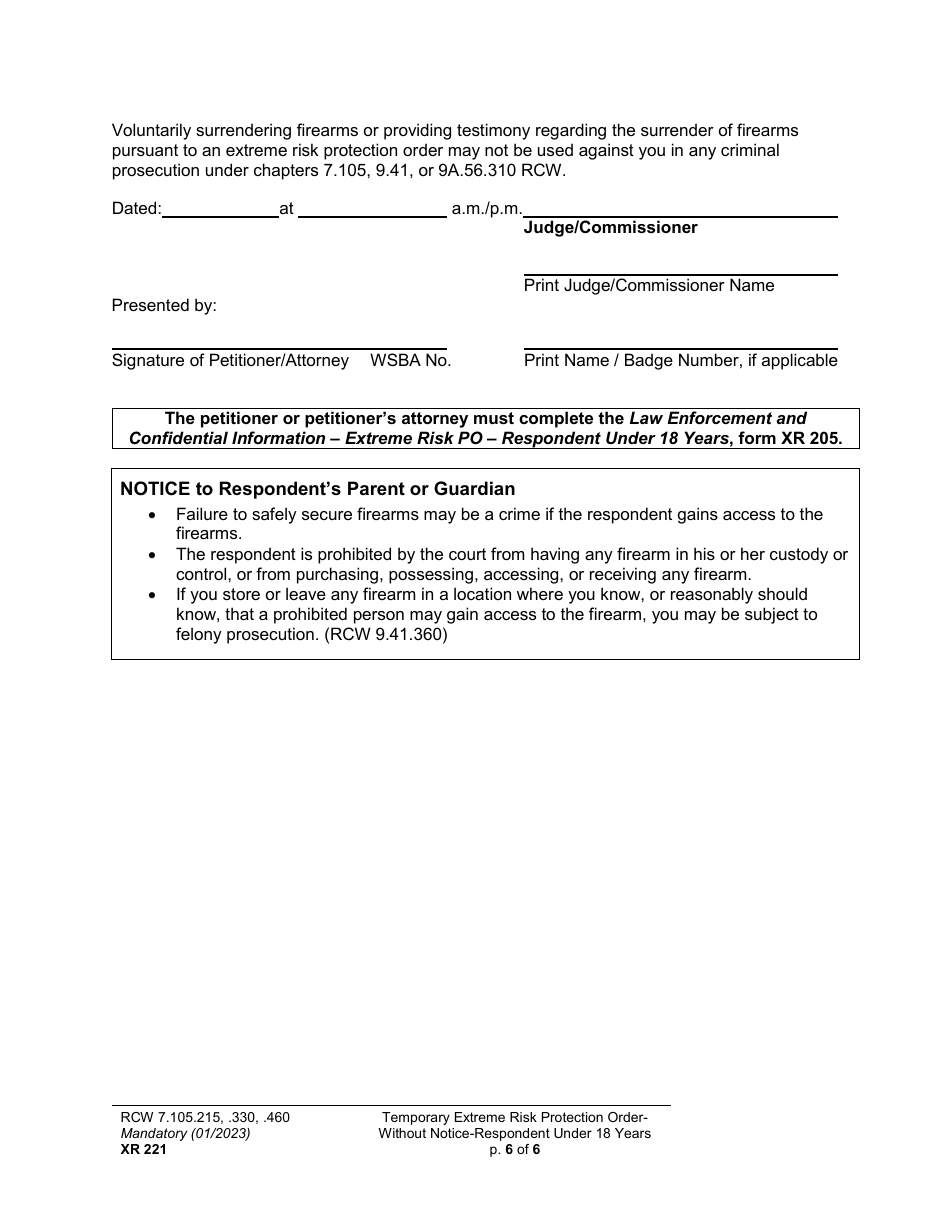 Form XR221 Temporary Extreme Risk Protection Order - Without Notice - Respondent Under 18 Years - Washington, Page 6