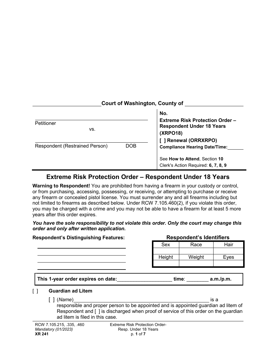 Form XR241 Extreme Risk Protection Order - Respondent Under 18 Years - Washington, Page 1