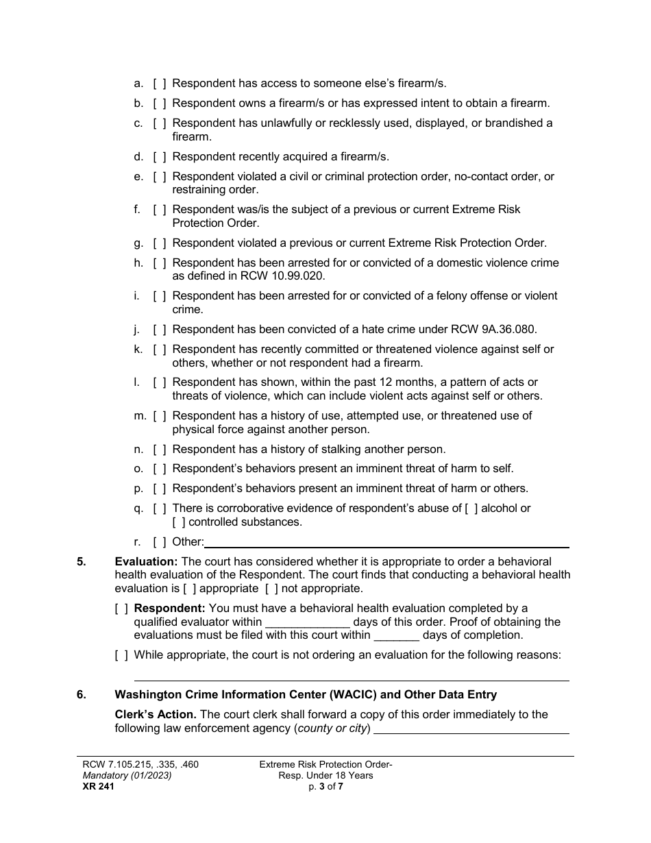 Form XR241 Extreme Risk Protection Order - Respondent Under 18 Years - Washington, Page 3