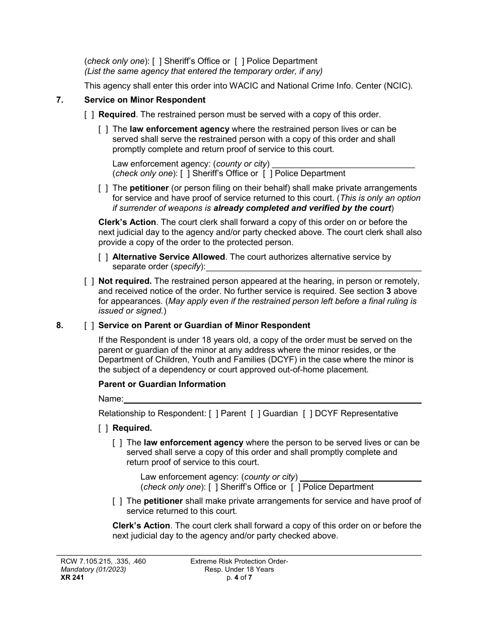 Form XR241 Extreme Risk Protection Order - Respondent Under 18 Years - Washington, Page 4
