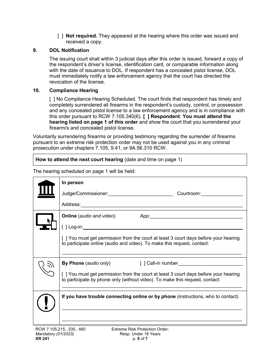 Form XR241 Extreme Risk Protection Order - Respondent Under 18 Years - Washington, Page 5
