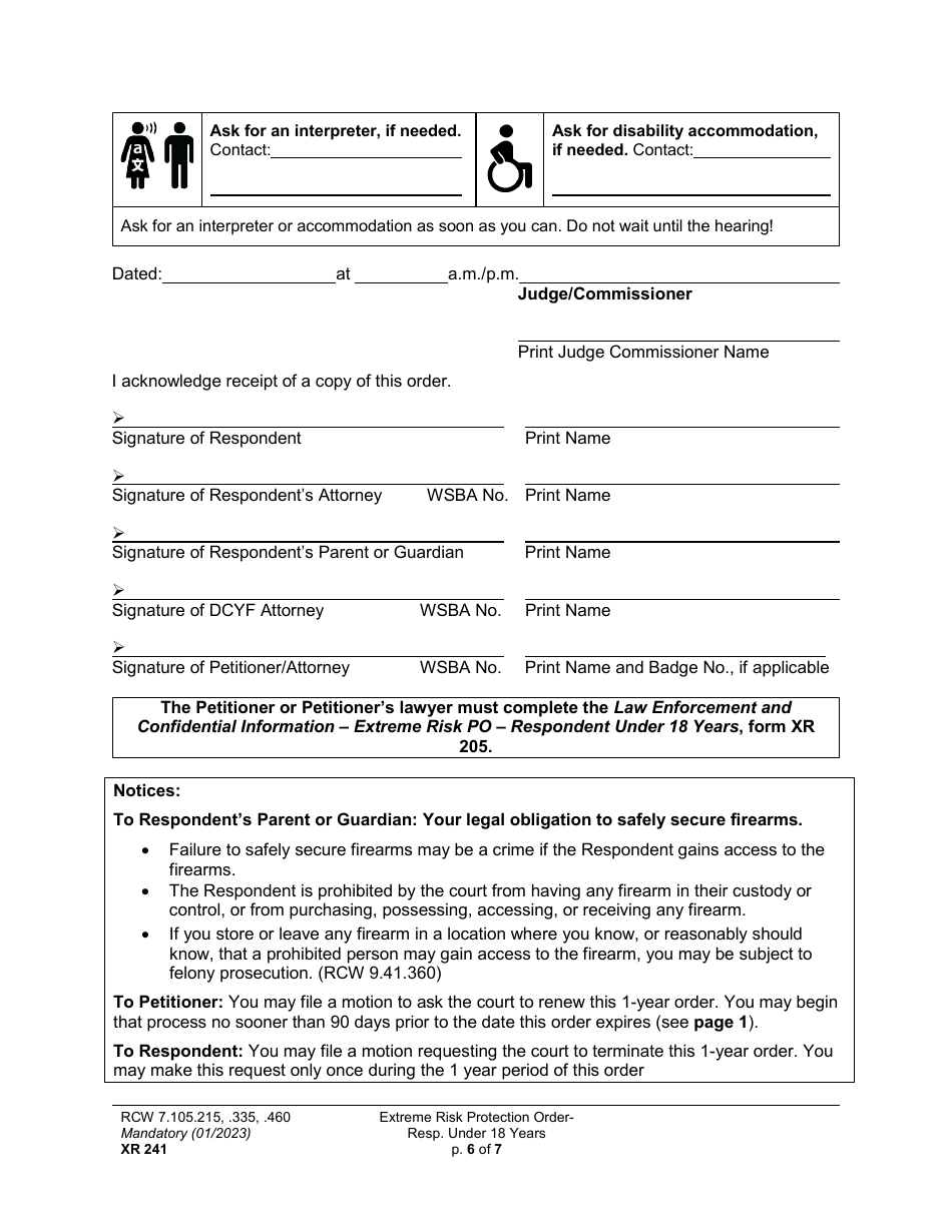 Form XR241 Extreme Risk Protection Order - Respondent Under 18 Years - Washington, Page 6