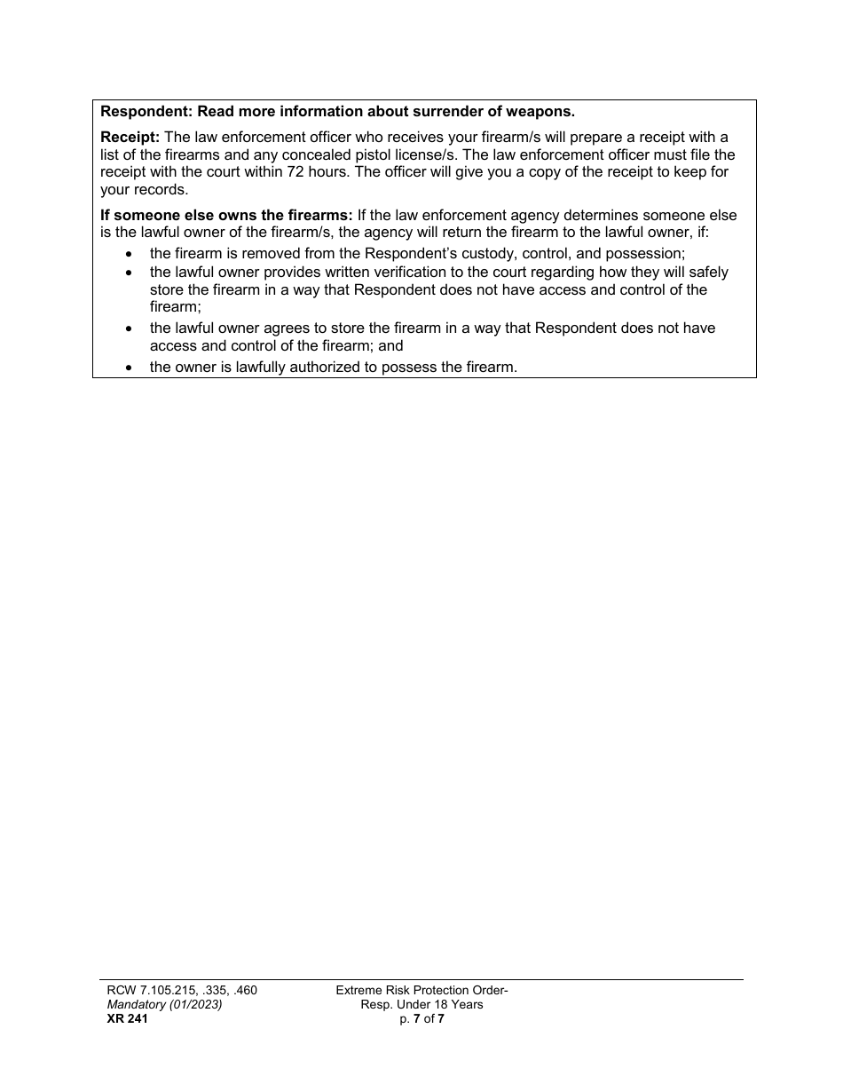 Form XR241 Extreme Risk Protection Order - Respondent Under 18 Years - Washington, Page 7