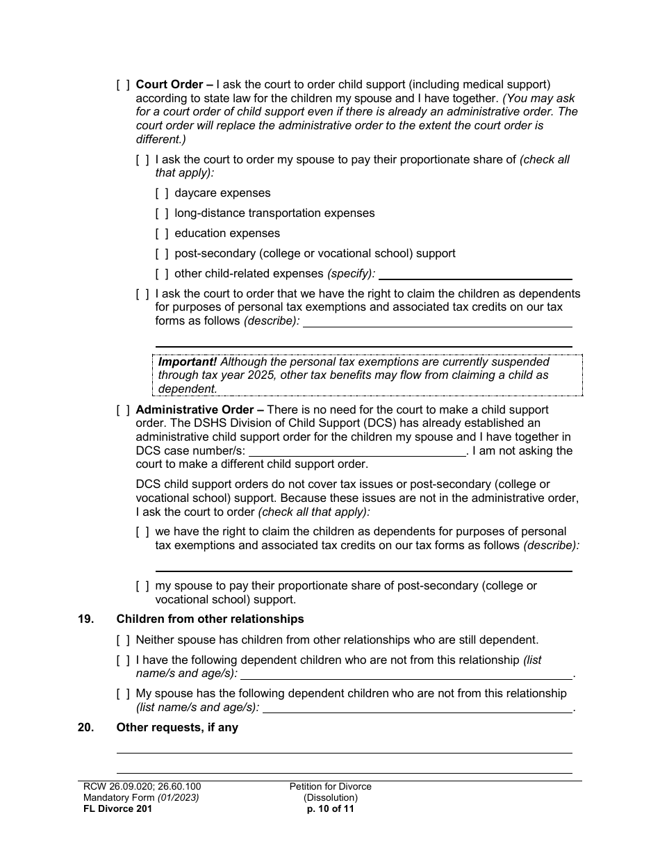 Form FL Divorce201 Petition for Divorce (Dissolution) - Washington, Page 10