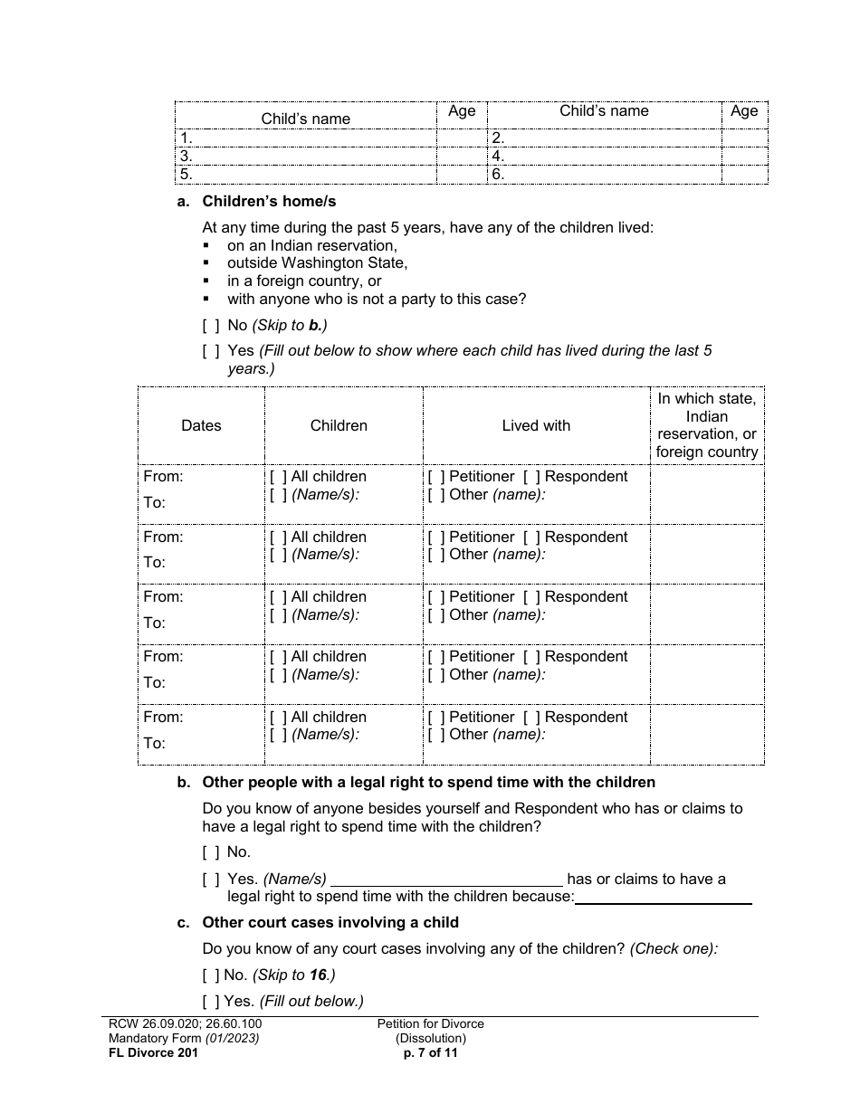 Form FL Divorce201 Petition for Divorce (Dissolution) - Washington, Page 7