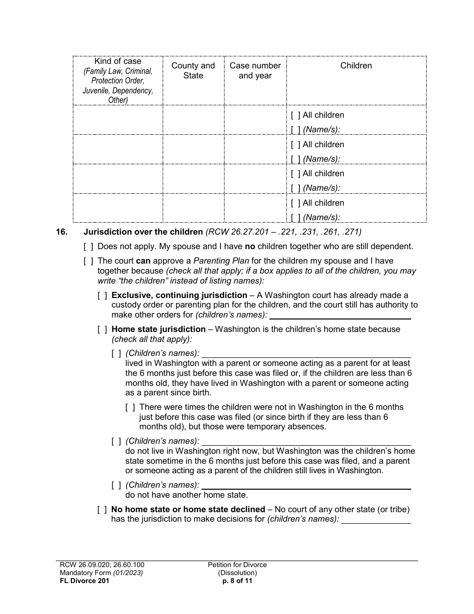 Form FL Divorce201 Petition for Divorce (Dissolution) - Washington, Page 8