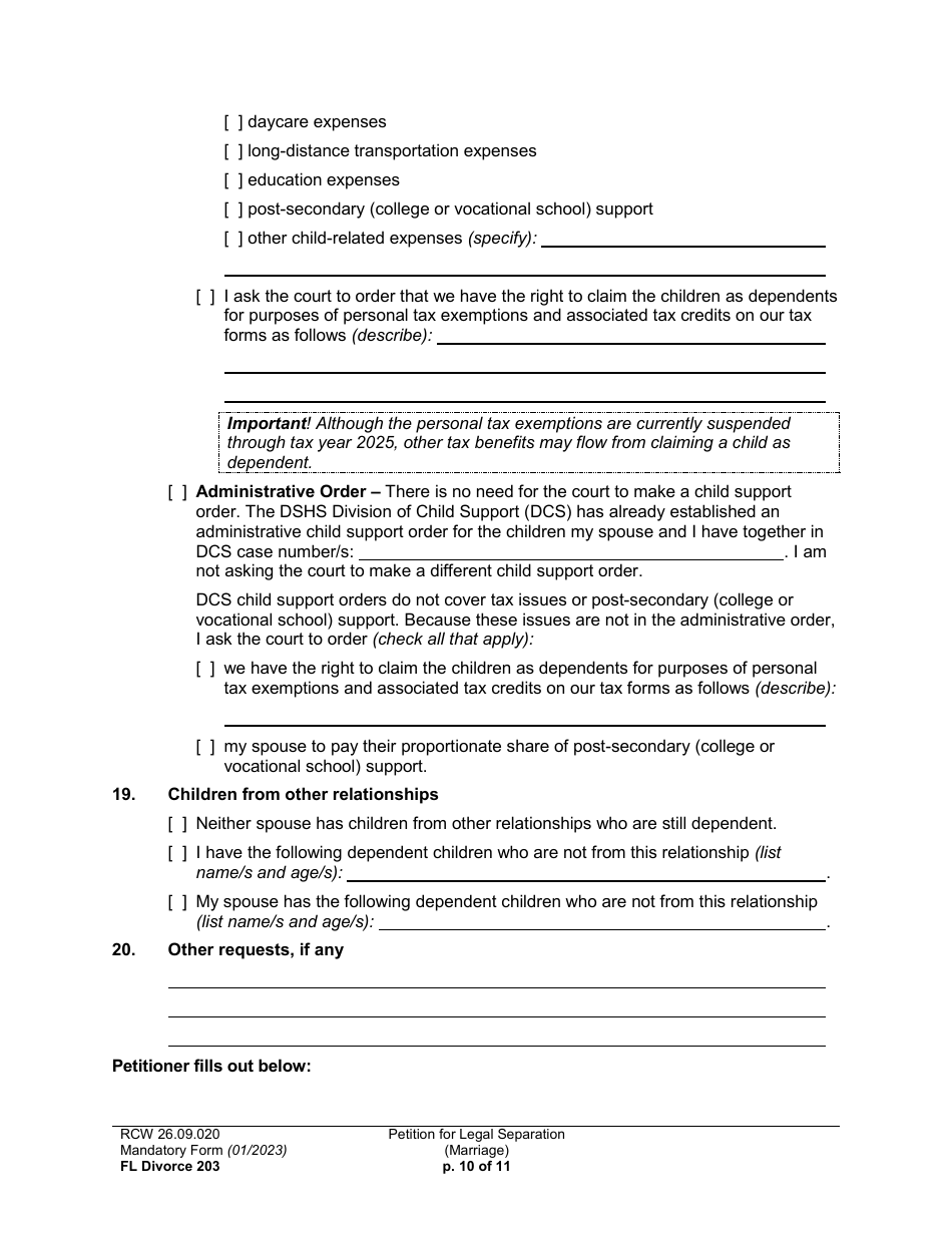Form FL Divorce203 Petition for Legal Separation (Marriage) - Washington, Page 10