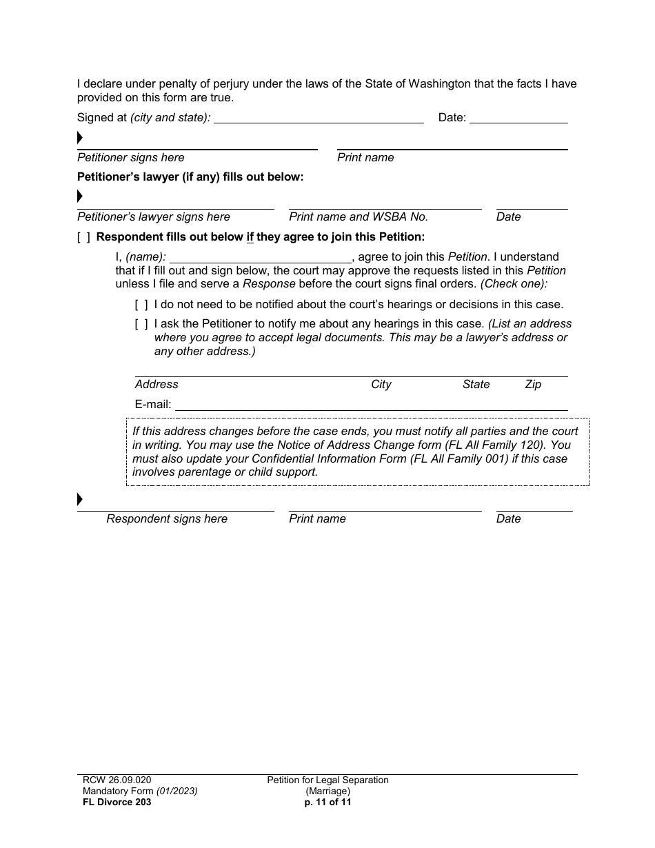 Form FL Divorce203 Petition for Legal Separation (Marriage) - Washington, Page 11