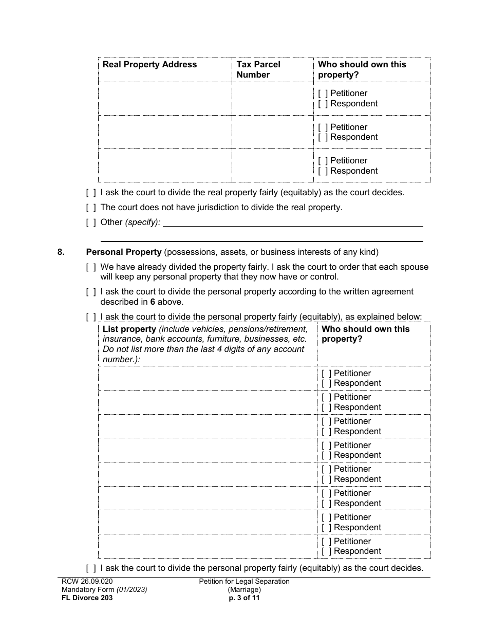 Form FL Divorce203 Petition for Legal Separation (Marriage) - Washington, Page 3