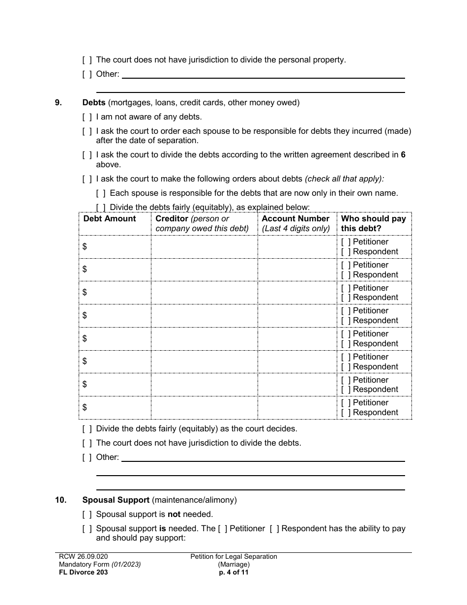 Form FL Divorce203 Petition for Legal Separation (Marriage) - Washington, Page 4