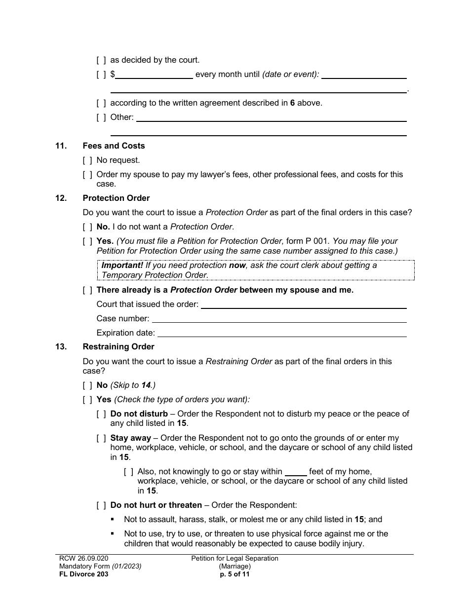 Form FL Divorce203 Petition for Legal Separation (Marriage) - Washington, Page 5