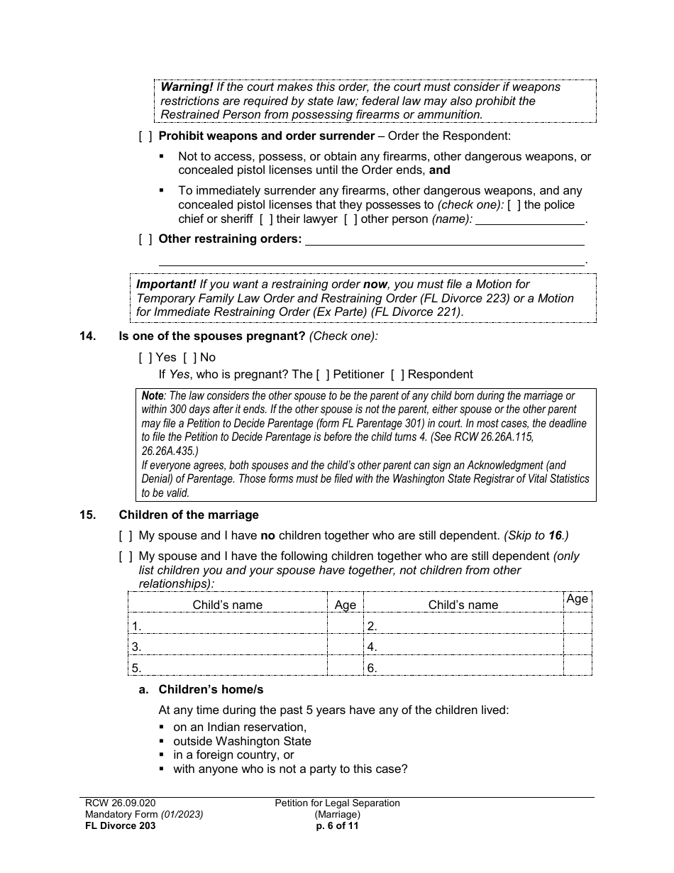 Form FL Divorce203 Petition for Legal Separation (Marriage) - Washington, Page 6