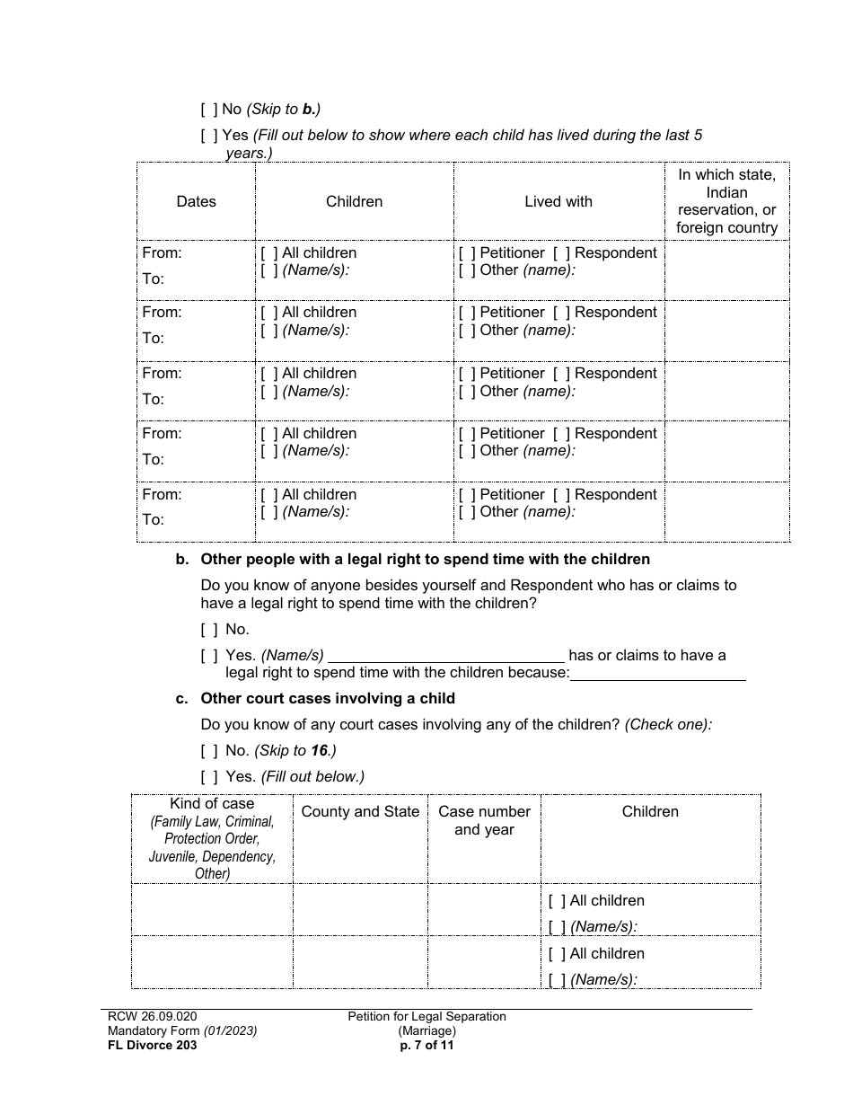 Form FL Divorce203 Petition for Legal Separation (Marriage) - Washington, Page 7