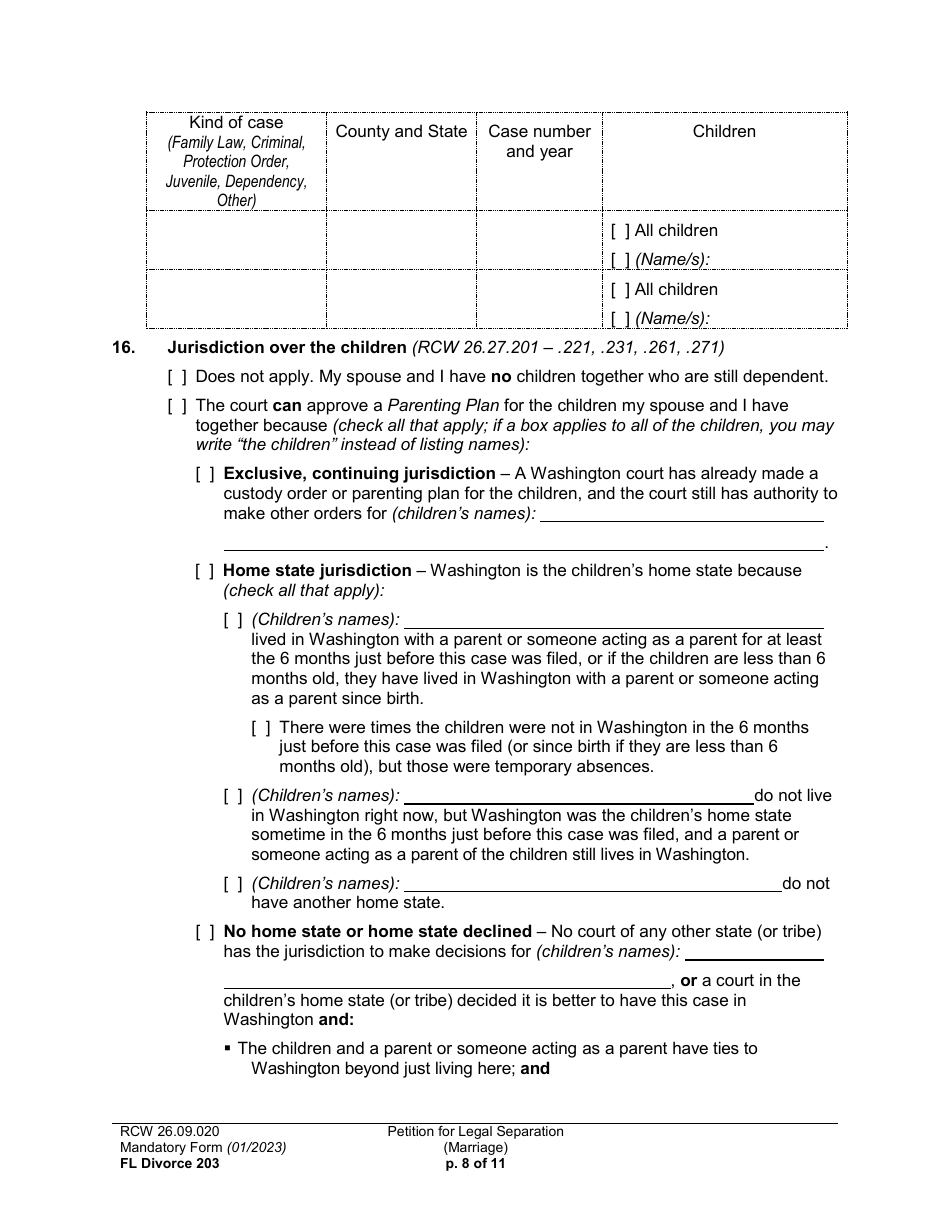 Form FL Divorce203 Petition for Legal Separation (Marriage) - Washington, Page 8