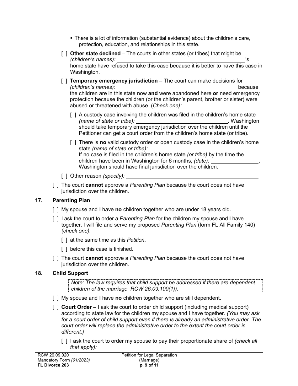Form FL Divorce203 Petition for Legal Separation (Marriage) - Washington, Page 9