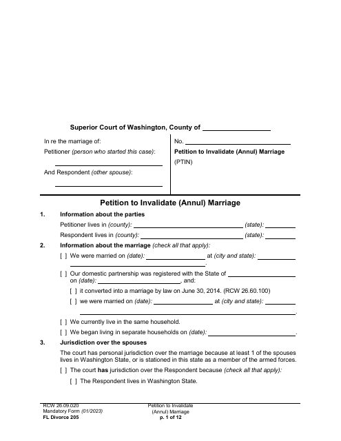 Form FL Divorce205 Petition to Invalidate (Annul) Marriage - Washington