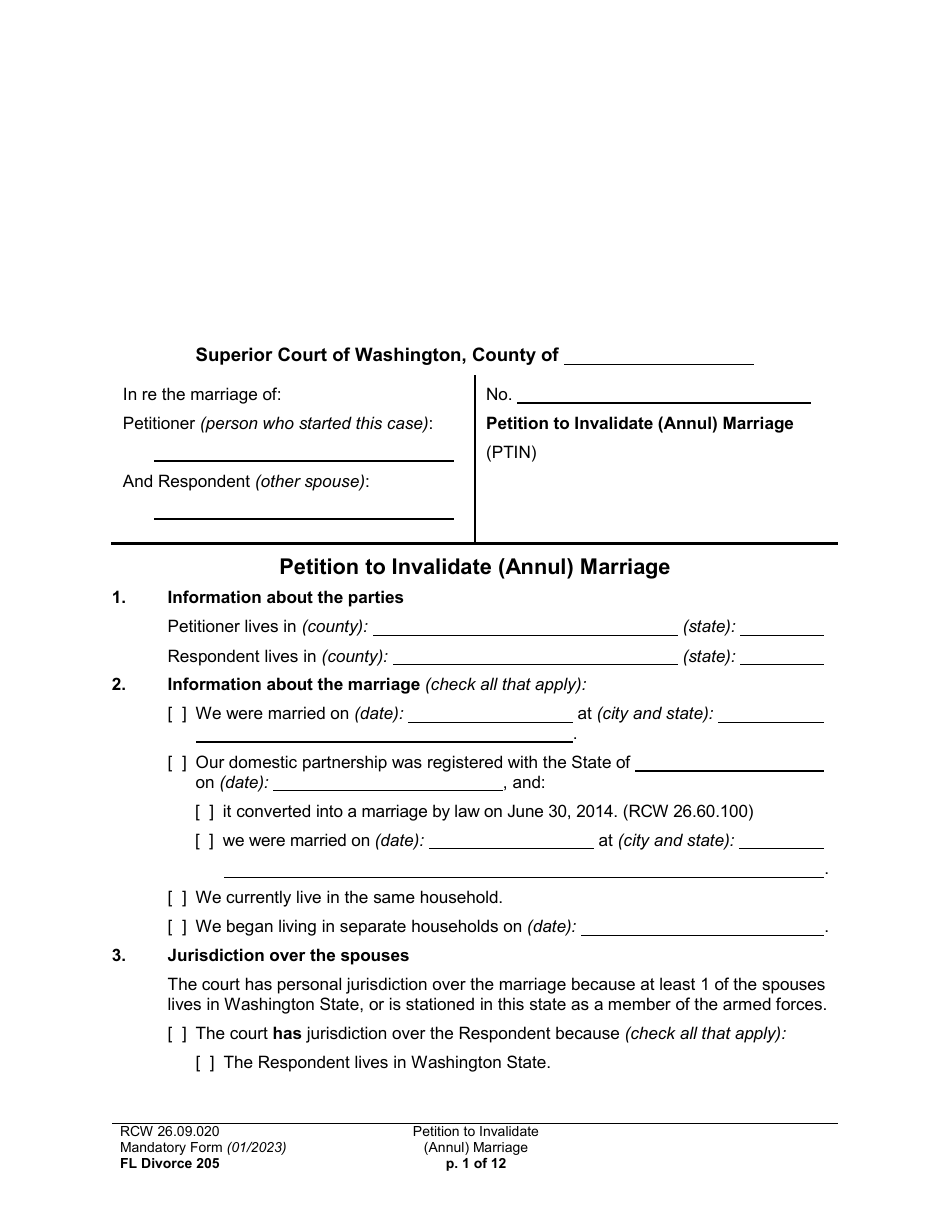 Form FL Divorce205 Petition to Invalidate (Annul) Marriage - Washington, Page 1