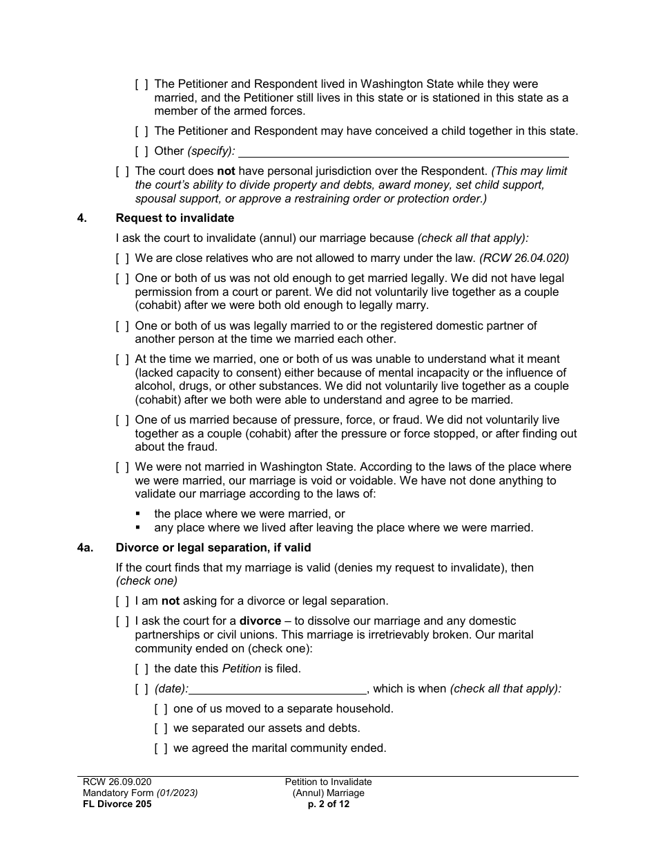 Form FL Divorce205 Petition to Invalidate (Annul) Marriage - Washington, Page 2
