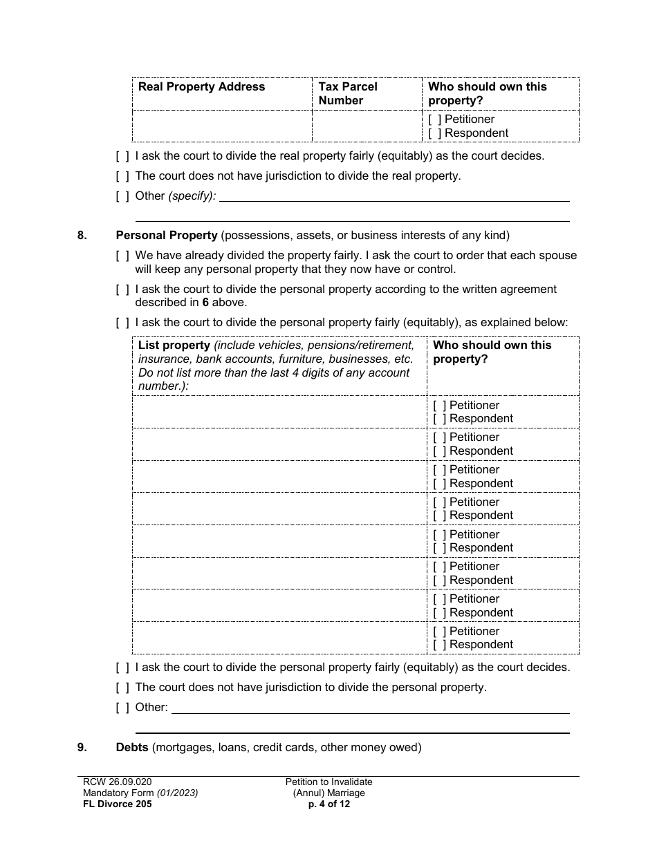 Form FL Divorce205 Petition to Invalidate (Annul) Marriage - Washington, Page 4