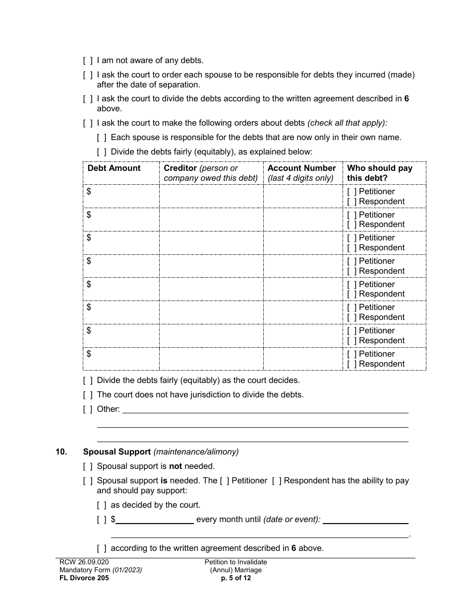 Form FL Divorce205 Petition to Invalidate (Annul) Marriage - Washington, Page 5