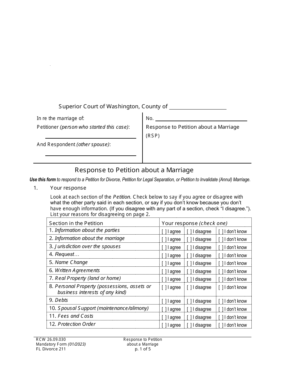 Form FL Divorce211 Response to Petition About a Marriage - Washington, Page 1