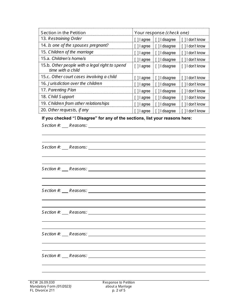 Form FL Divorce211 Response to Petition About a Marriage - Washington, Page 2