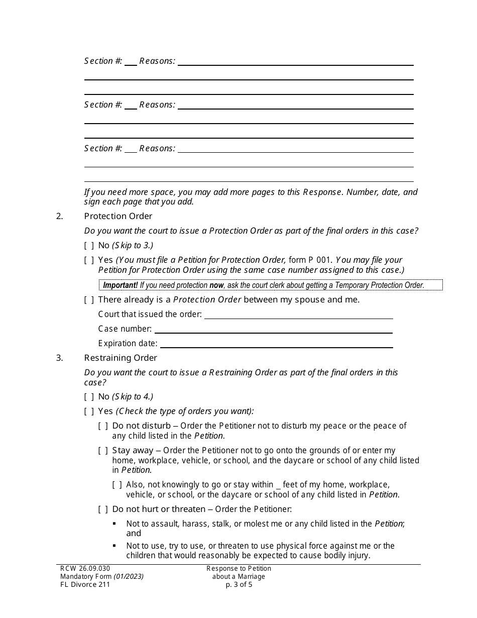 Form FL Divorce211 Response to Petition About a Marriage - Washington, Page 3