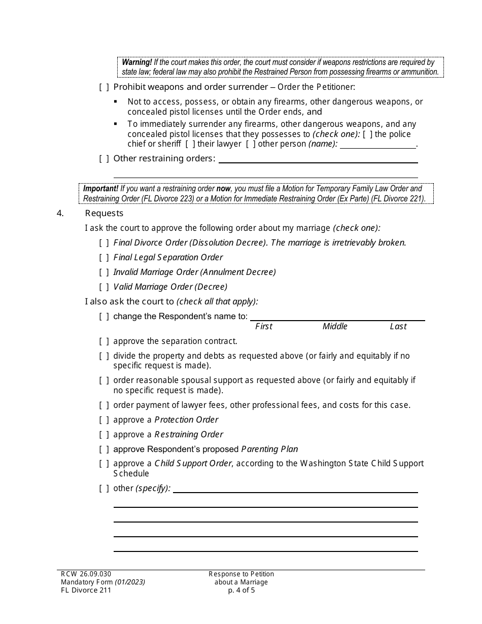 Form FL Divorce211 Response to Petition About a Marriage - Washington, Page 4
