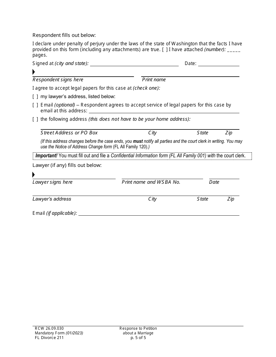 Form FL Divorce211 Response to Petition About a Marriage - Washington, Page 5