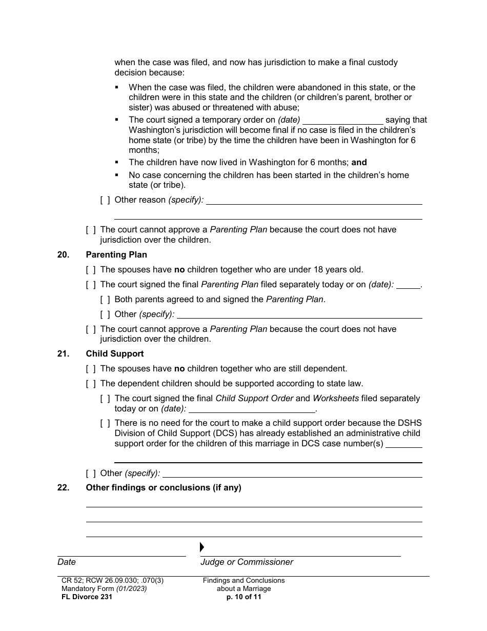 Form FL Divorce231 Findings and Conclusions About a Marriage - Washington, Page 10