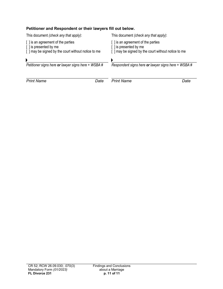 Form FL Divorce231 Findings and Conclusions About a Marriage - Washington, Page 11