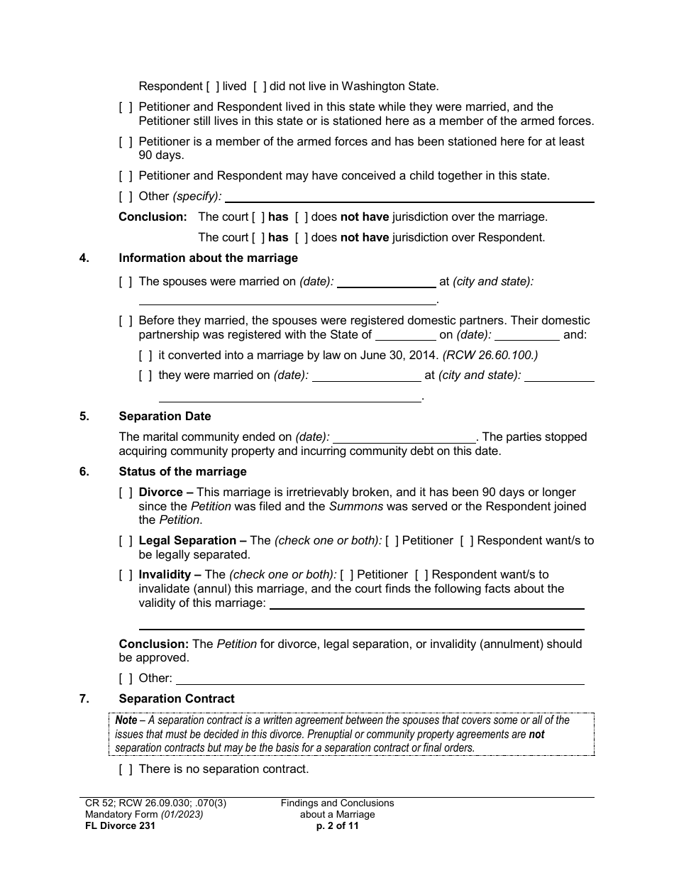 Form FL Divorce231 Findings and Conclusions About a Marriage - Washington, Page 2