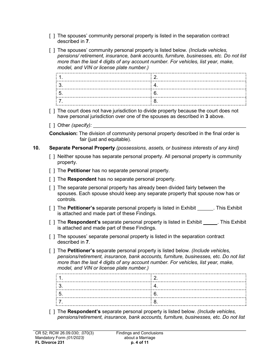 Form FL Divorce231 Findings and Conclusions About a Marriage - Washington, Page 4
