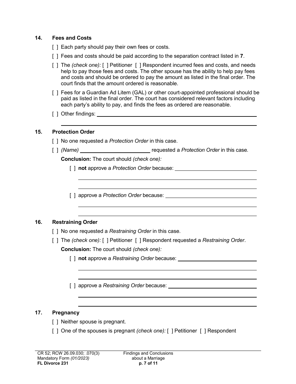 Form FL Divorce231 Findings and Conclusions About a Marriage - Washington, Page 7