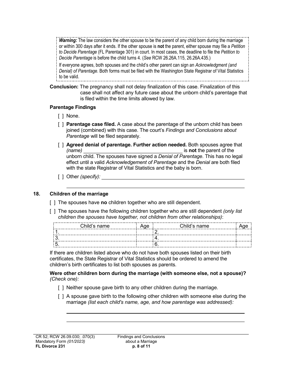 Form FL Divorce231 Findings and Conclusions About a Marriage - Washington, Page 8