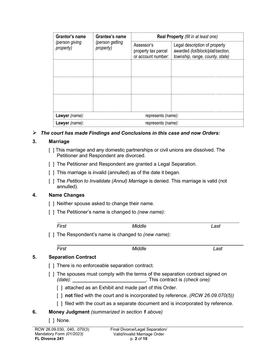 Form FL Divorce241 Final Divorce Order (Dissolution Decree) / Legal Separation Order (Decree) / Invalid Marriage Order (Annulment Decree) / Valid Marriage Order (Decree) - Washington, Page 2