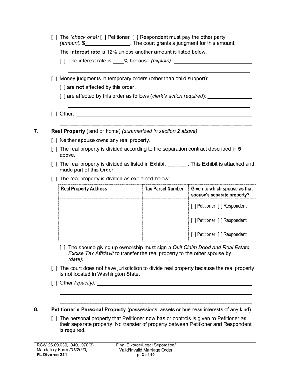 Form FL Divorce241 Final Divorce Order (Dissolution Decree) / Legal Separation Order (Decree) / Invalid Marriage Order (Annulment Decree) / Valid Marriage Order (Decree) - Washington, Page 3