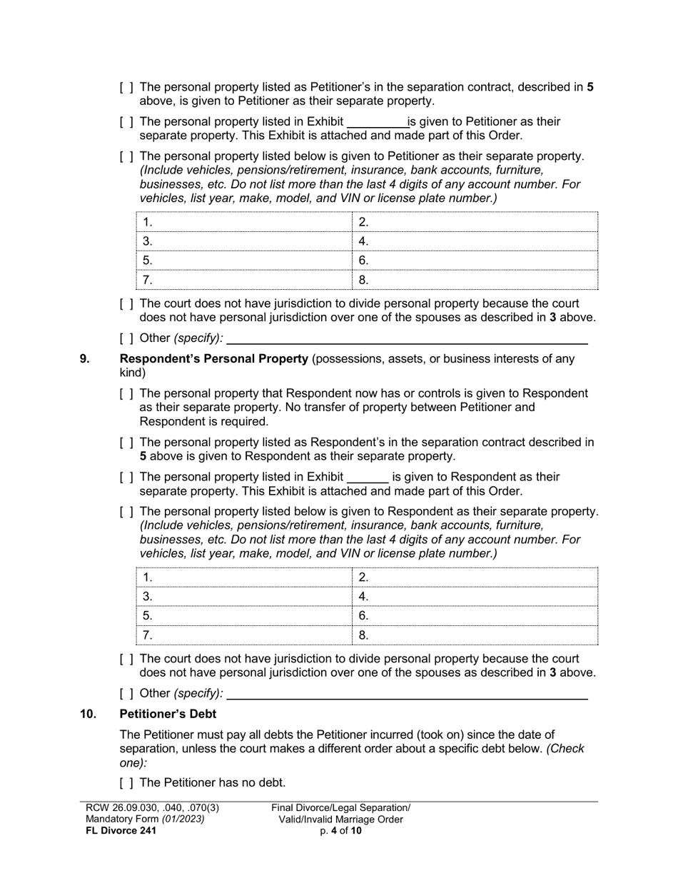 Form FL Divorce241 Final Divorce Order (Dissolution Decree) / Legal Separation Order (Decree) / Invalid Marriage Order (Annulment Decree) / Valid Marriage Order (Decree) - Washington, Page 4