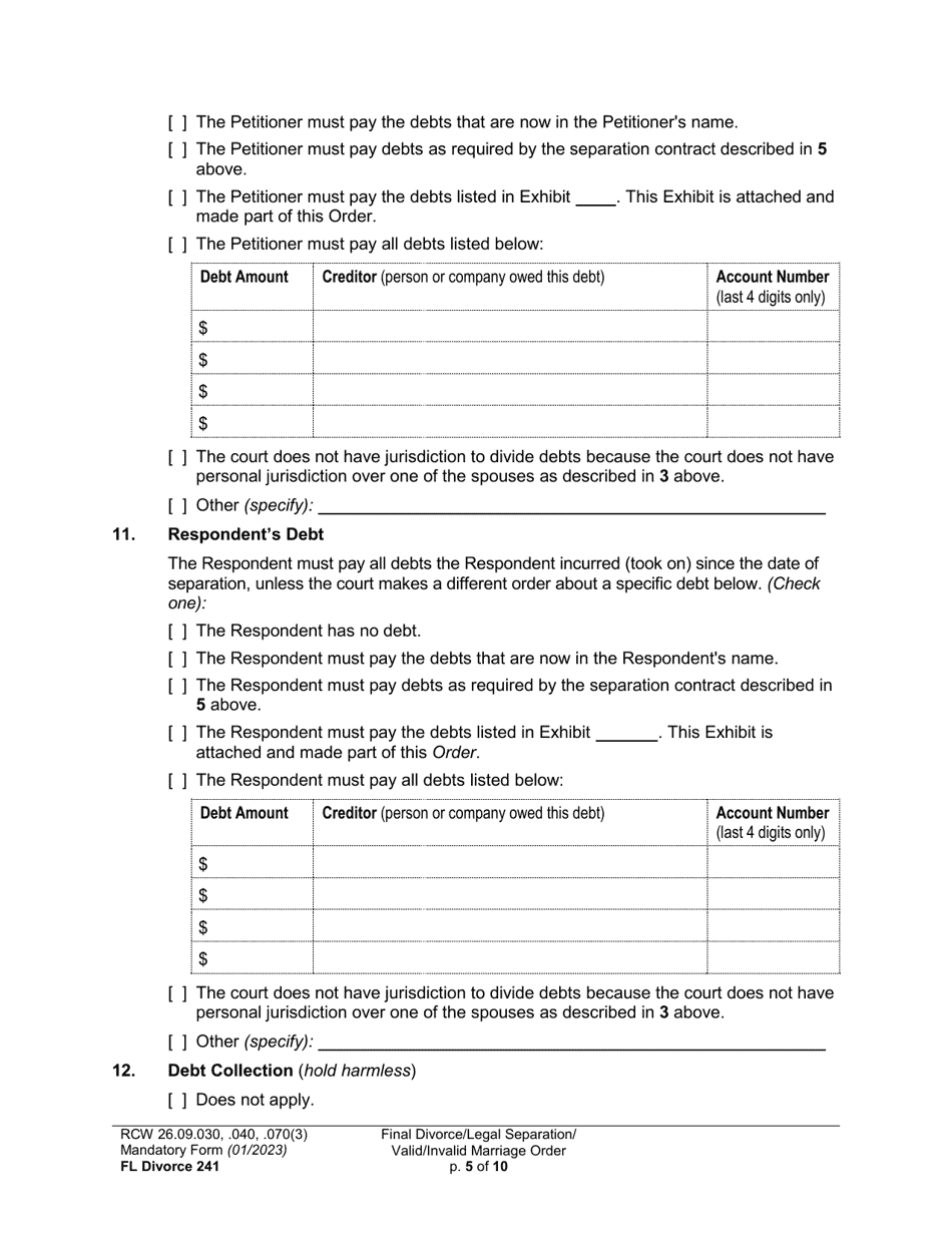 Form FL Divorce241 Final Divorce Order (Dissolution Decree) / Legal Separation Order (Decree) / Invalid Marriage Order (Annulment Decree) / Valid Marriage Order (Decree) - Washington, Page 5
