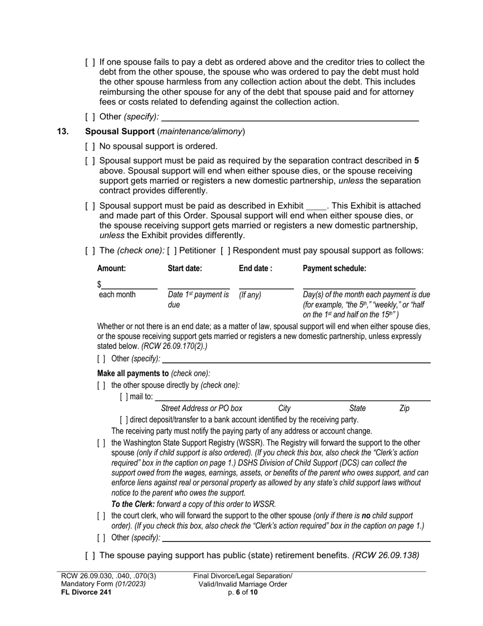 Form FL Divorce241 Final Divorce Order (Dissolution Decree) / Legal Separation Order (Decree) / Invalid Marriage Order (Annulment Decree) / Valid Marriage Order (Decree) - Washington, Page 6