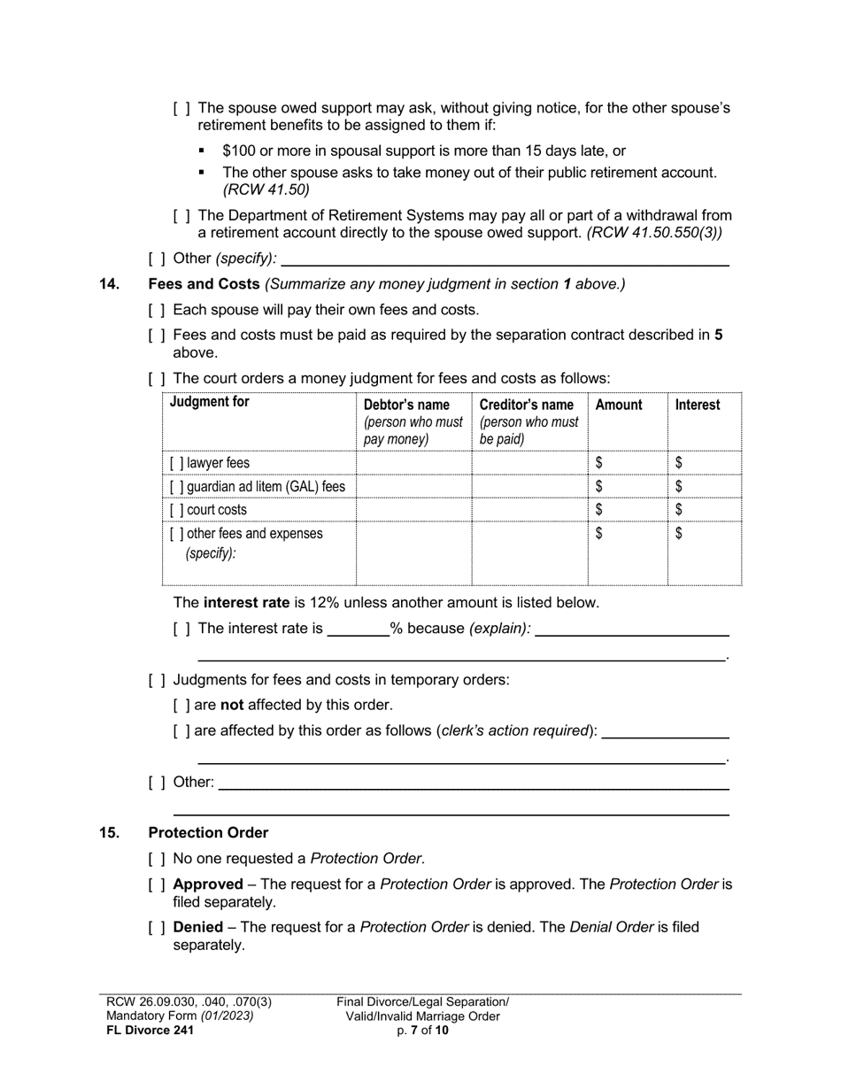 Form FL Divorce241 Final Divorce Order (Dissolution Decree) / Legal Separation Order (Decree) / Invalid Marriage Order (Annulment Decree) / Valid Marriage Order (Decree) - Washington, Page 7