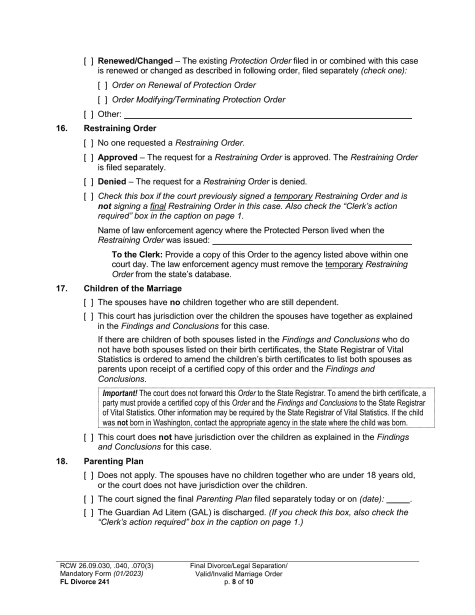 Form FL Divorce241 Final Divorce Order (Dissolution Decree) / Legal Separation Order (Decree) / Invalid Marriage Order (Annulment Decree) / Valid Marriage Order (Decree) - Washington, Page 8