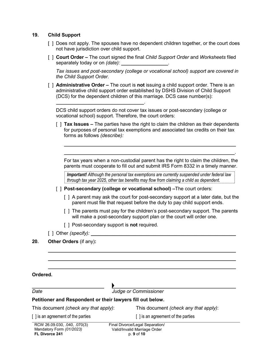Form FL Divorce241 Final Divorce Order (Dissolution Decree) / Legal Separation Order (Decree) / Invalid Marriage Order (Annulment Decree) / Valid Marriage Order (Decree) - Washington, Page 9