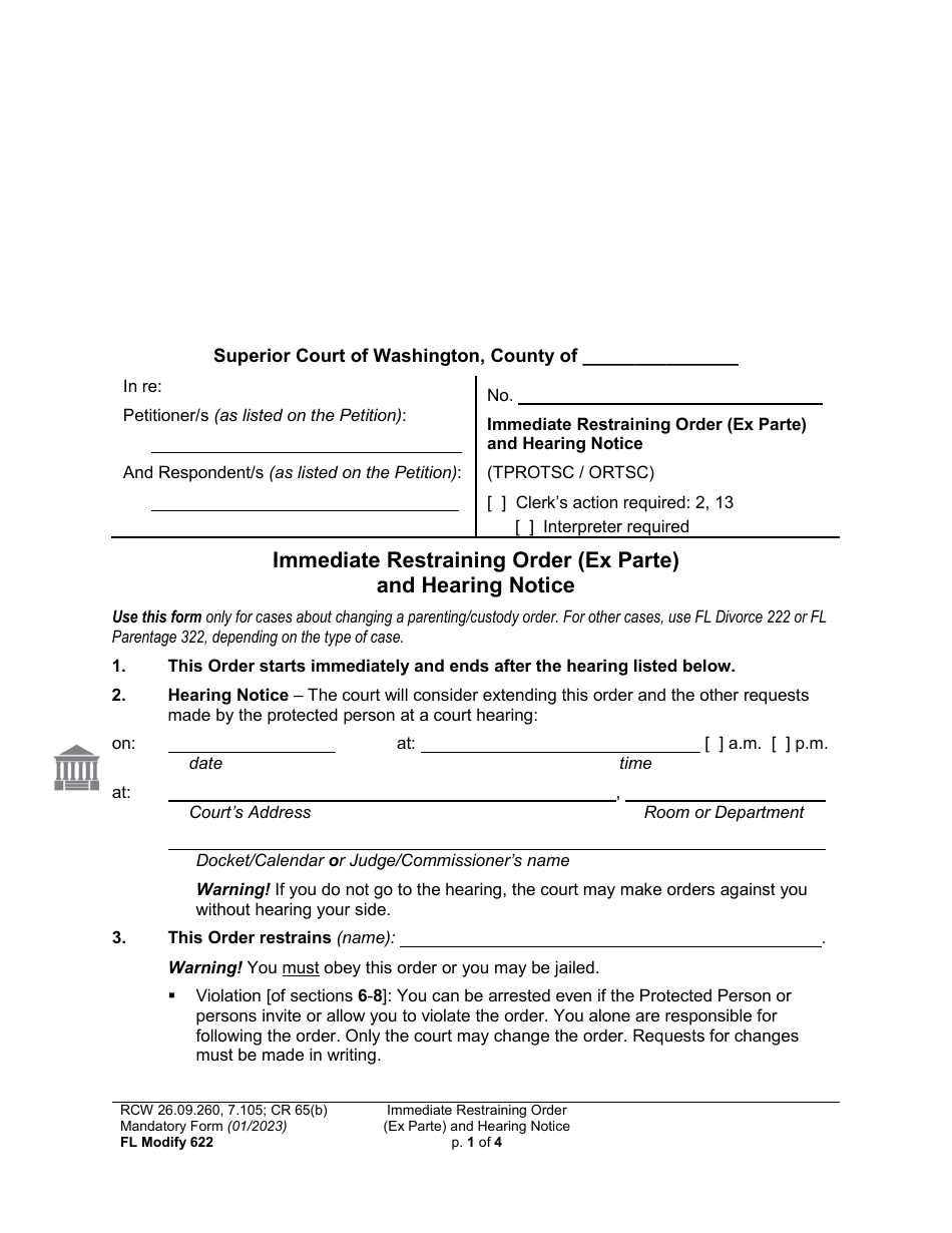 Form FL Modify622 Immediate Restraining Order (Ex Parte) and Hearing Notice - Washington, Page 1
