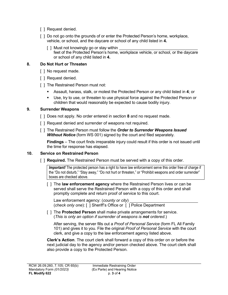 Form FL Modify622 Immediate Restraining Order (Ex Parte) and Hearing Notice - Washington, Page 3
