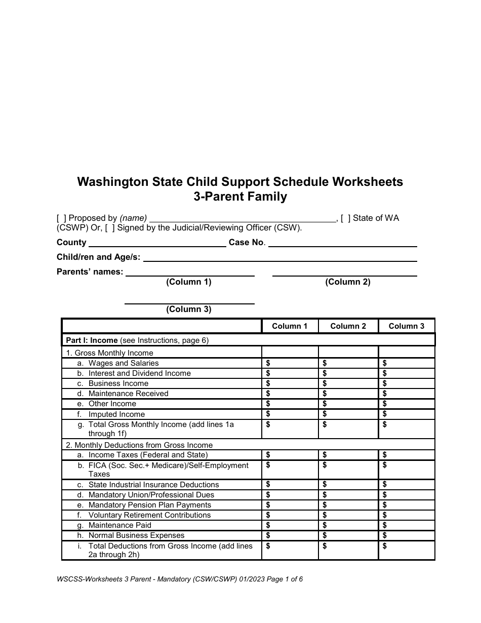 Washington State Child Support Schedule Worksheets - 3-parent Family - Washington, Page 1