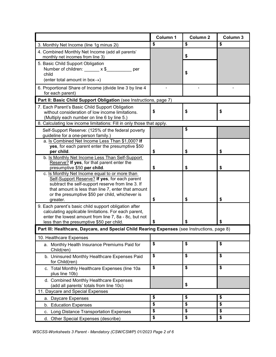 Washington State Child Support Schedule Worksheets - 3-parent Family - Washington, Page 2